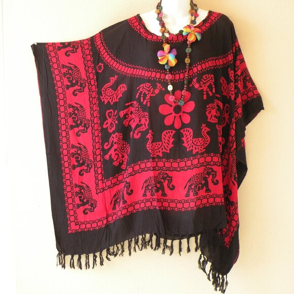 KB420 Elephant Batik Fringes Kaftan Sleeve Plus Tunic Women Blouse Top - S to 5X - Picture 1 of 1